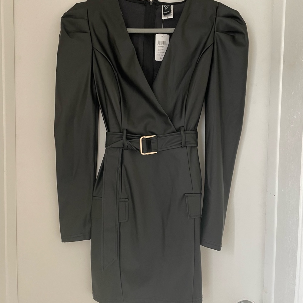 Faux leather puff sleeve dress.